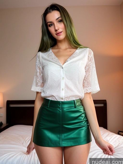 ai nude image of there is a woman in a short skirt posing on a bed pics of Woman Beautiful Skinny Tall Long Hair 18 Seductive Green Hair Russian Sexy Face Small Ass Small Tits Detailed Micro Skirt Blouse Front View Bedroom Cumshot