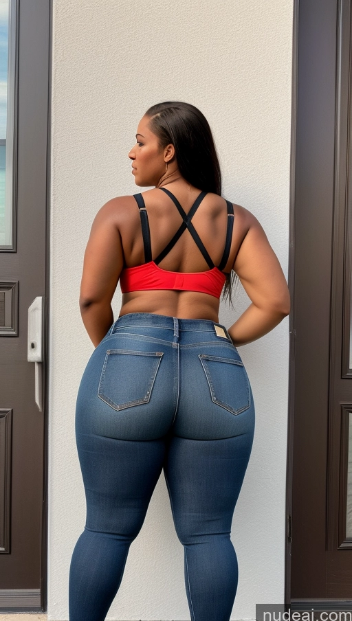 ai nude image of a woman in a red bra top and jeans leaning against a wall pics of Big Ass Big Hips Jeans Athlete