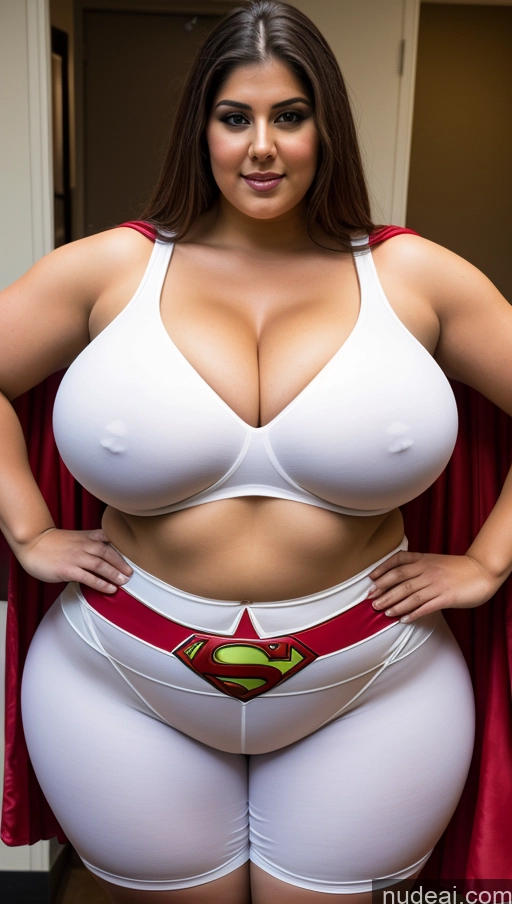 ai nude image of araffe woman in a white bikini and red cape posing for a picture pics of Huge Boobs Big Ass Abs Chubby Fairer Skin Indian Superhero