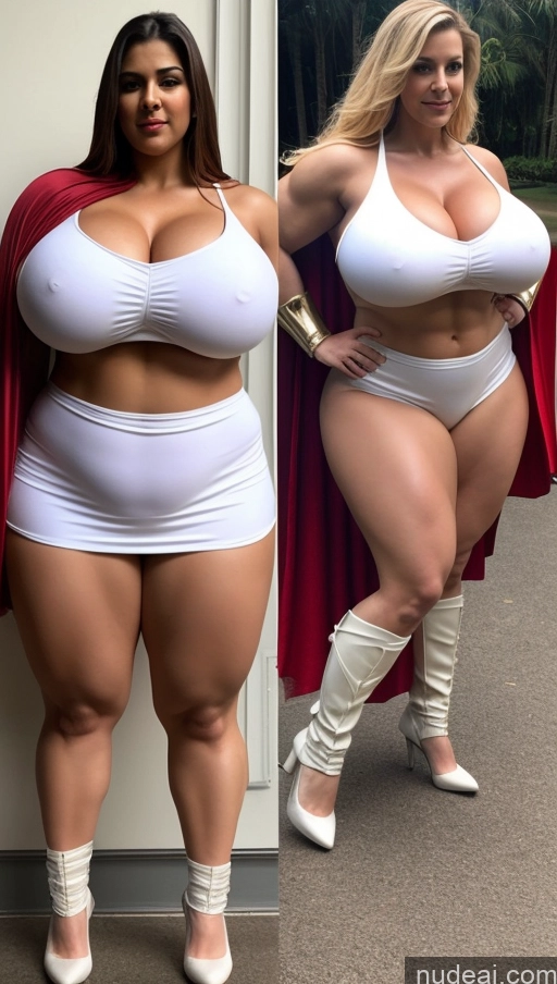 ai nude image of araffe woman in white underwear and cape posing for a picture pics of Huge Boobs Big Ass Abs Chubby Fairer Skin Indian Superhero Muscular