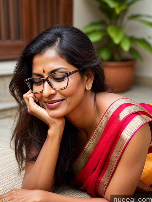 ai nude image of smiling woman in red sari laying on the floor with her hand on her chin pics of Woman One Beautiful Glasses Tanned Skin Orgasm Sexy Face Indian On Back Sari 50s