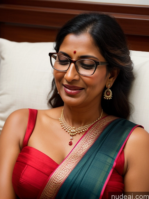 ai nude image of smiling woman in red sari sitting on a bed with a green and gold necklace pics of Woman One Beautiful Glasses Tanned Skin Orgasm Sexy Face Indian On Back Sari 50s