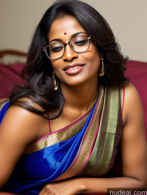 ai nude image of arafed woman in a blue sari and glasses sitting on a couch pics of Woman One Beautiful Glasses Orgasm Sexy Face Indian On Back Sari 50s Dark Skin