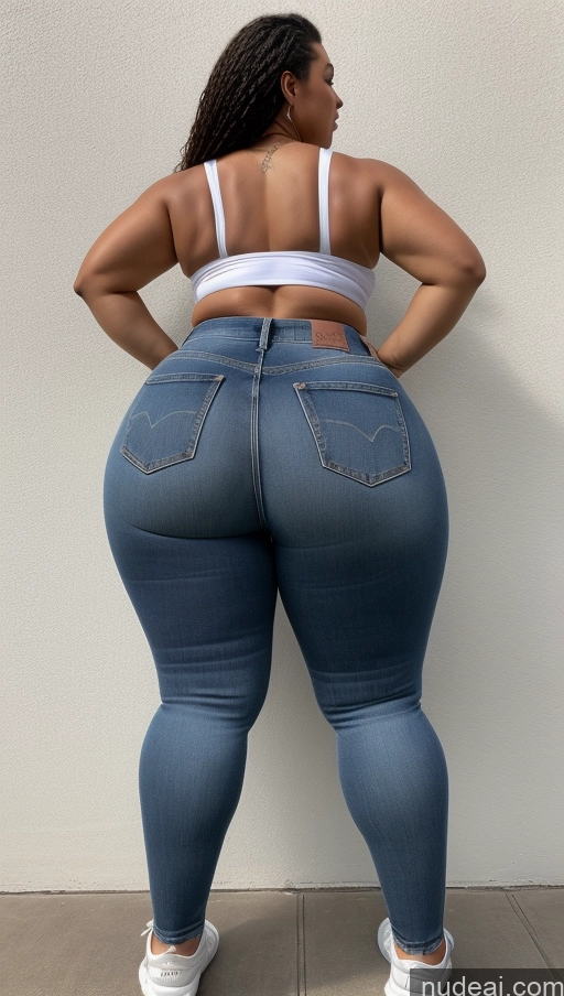 ai nude image of a woman in a white top and jeans is standing against a wall pics of Athlete Big Ass Big Hips Jeans