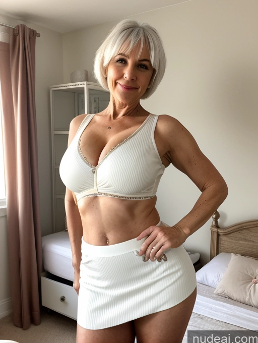 ai nude image of blond woman in white skirt posing in bedroom with bed and window pics of Milf Busty Small Ass Skinny Pubic Hair 60s White Hair Pixie Bedroom Crop Top Micro Skirt Cleavage