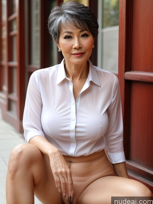 ai nude image of there is a woman sitting on a bench in a white shirt pics of Milf Perfect Boobs Perfect Body Pubic Hair 60s Pixie Chinese Spreading Legs Nude Blouse Casual Professor Shirt Stylish Suit Detailed Thick