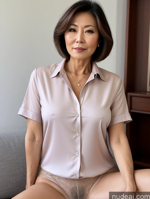 ai nude image of arafed asian woman in a pink shirt and panties sitting on a couch pics of Milf Perfect Boobs Perfect Body Pubic Hair 60s Pixie Chinese Spreading Legs Nude Blouse Casual Professor Shirt Stylish Suit Detailed Thick