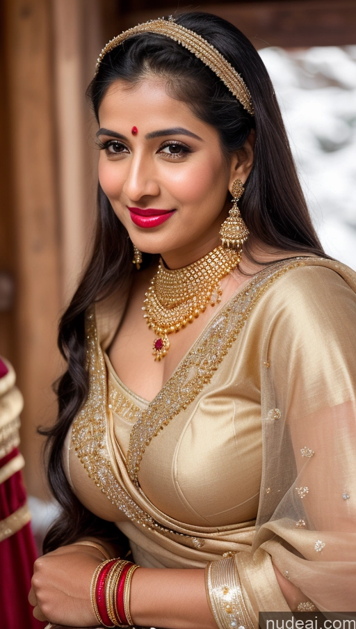 ai nude image of a close up of a woman in a gold dress and red jewelry pics of Woman Huge Boobs Beautiful Lipstick Big Ass Fairer Skin 50s Sexy Face Happy Black Hair Middle Eastern Skin Detail (beta) Snow Sari Wedding Gold Jewelry Jewelry Bright Lighting