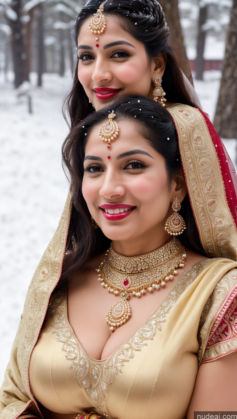 ai nude image of brides in traditional indian attire posing for a picture in the snow pics of Woman Huge Boobs Beautiful Lipstick Big Ass Fairer Skin 50s Sexy Face Happy Black Hair Middle Eastern Skin Detail (beta) Snow Sari Wedding Gold Jewelry Jewelry Bright Lighting