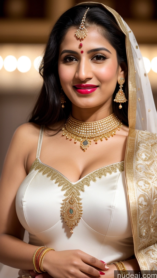 ai nude image of a close up of a woman in a white dress with a gold and red necklace pics of Woman Huge Boobs Beautiful Lipstick Big Ass Fairer Skin 50s Sexy Face Happy Black Hair Middle Eastern Skin Detail (beta) Snow Sari Wedding Gold Jewelry Jewelry Bright Lighting