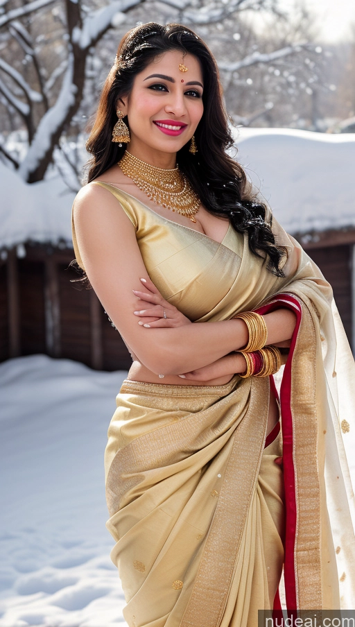 ai nude image of araffe woman in a sari posing for a picture in the snow pics of Woman Huge Boobs Beautiful Lipstick Big Ass Fairer Skin 50s Sexy Face Happy Black Hair Middle Eastern Skin Detail (beta) Snow Sari Wedding Gold Jewelry Jewelry Bright Lighting