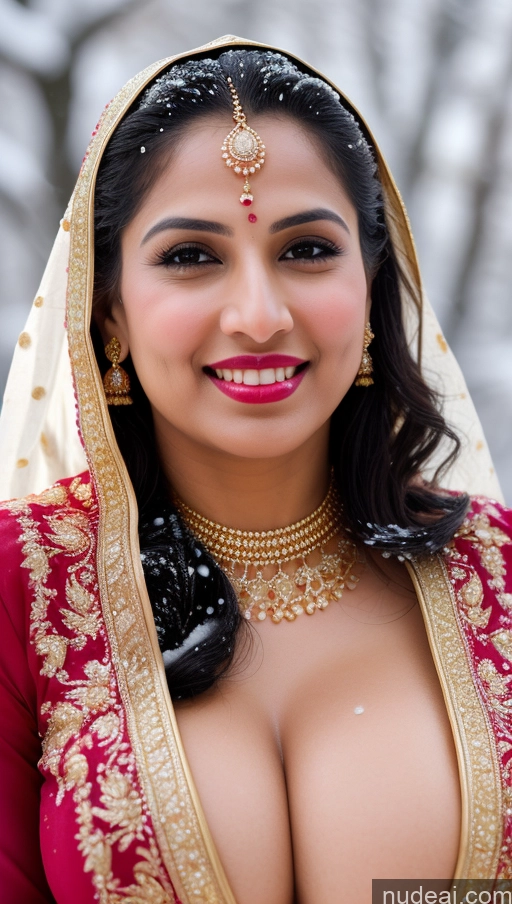 ai nude image of araffe woman in a red and gold outfit with a smile on her face pics of Woman Huge Boobs Beautiful Lipstick Big Ass Fairer Skin 50s Sexy Face Happy Black Hair Middle Eastern Skin Detail (beta) Snow Sari Wedding Gold Jewelry Jewelry Bright Lighting