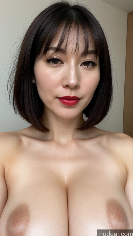 ai nude image of arafed asian woman with big breast showing off her big tits pics of Woman One Lipstick Fairer Skin Black Hair Close-up View Japanese 30s Bobcut Huge Boobs Beautiful