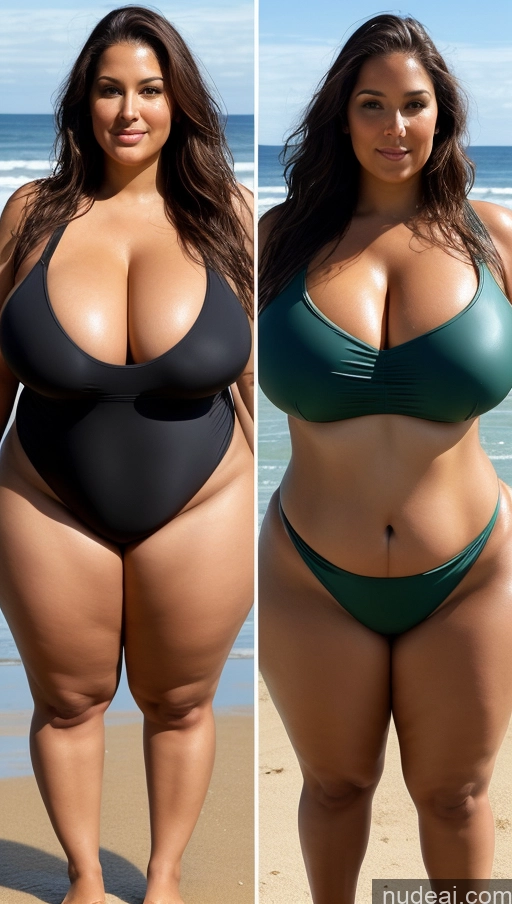 ai nude image of two pictures of a woman in a bikini and a woman in a swim suit pics of Oiled Body Big Hips Thick Big Ass Brunette Long Hair Partially Nude Chubby Tanned Skin Sexy Face Beach One Piece Swimsuit Huge Boobs Fat 40s Front View T-pose