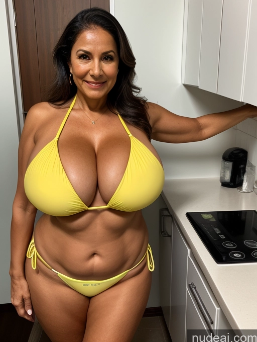 ai nude image of araffe woman in a yellow bikini posing in a kitchen pics of Milf One Busty Huge Boobs Tanned Skin 70s Brazilian Front View Microkini Thong Lab Coat Professor