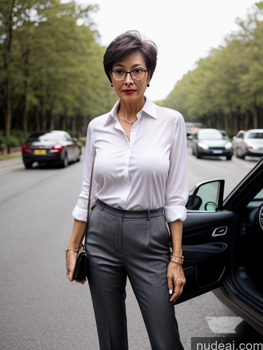 ai nude image of woman in white shirt and grey pants standing next to a car pics of Milf Perfect Boobs Perfect Body Small Tits Beautiful Glasses 60s Sexy Face Short Hair Chinese Car Blouse Bra Casual Shirt Stylish Professor Suit High Heels Dark Lighting Detailed