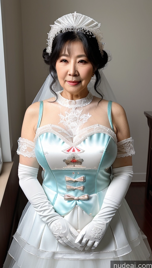 ai nude image of there is a woman in a wedding dress posing for a picture pics of Milf Busty Big Ass Big Hips Pubic Hair Fairer Skin Black Hair Wedding Korean Sweet Style Dress V2 70s Gloves