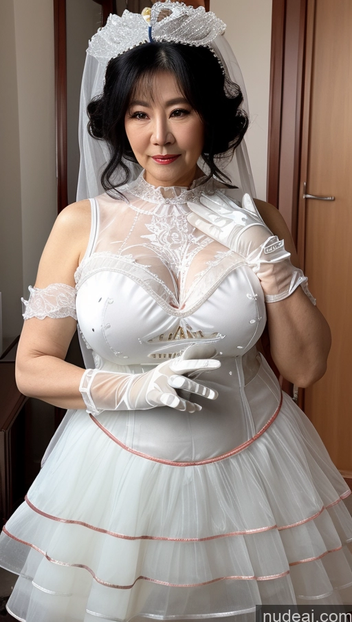 ai nude image of there is a woman in a wedding dress posing for a picture pics of Milf Busty Big Ass Big Hips Pubic Hair Fairer Skin Black Hair Wedding Korean Sweet Style Dress V2 70s Gloves Transparent