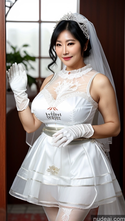 ai nude image of there is a woman in a wedding dress and veil posing for a picture pics of Milf Busty Big Ass Big Hips Pubic Hair Fairer Skin Black Hair Wedding Korean Sweet Style Dress V2 70s Gloves Transparent