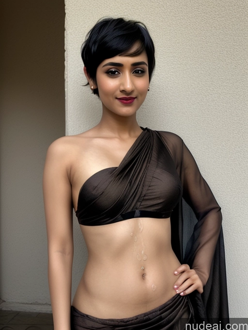 ai nude image of araffed woman in a black top and a black skirt pics of One Lipstick Woman Pixie Black Hair 20s Cum On Belly Indian Sari