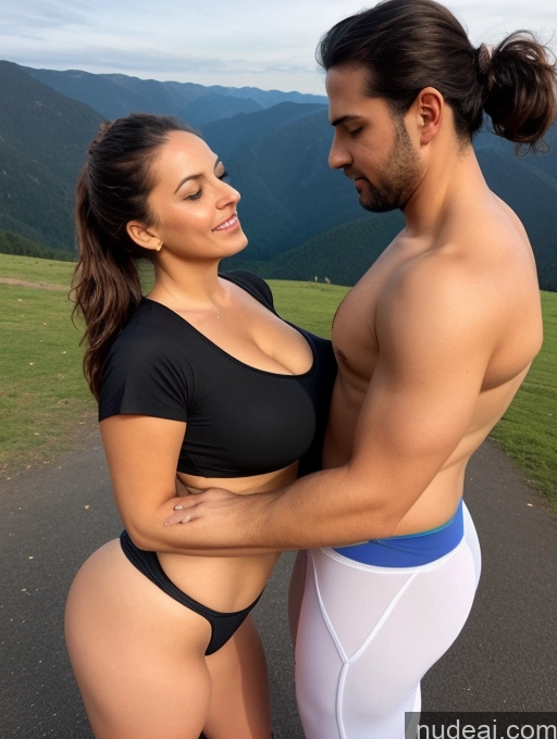 ai nude image of arafed woman in a black top and white shorts standing next to a man pics of One Perfect Boobs Beautiful Big Ass Big Hips 30s Seductive Brunette Ponytail Indian Surrealist Front View Cleavage Yoga Tank Top Yoga Pants Woman + Man Chubby Traditional Thong Teacher Gym