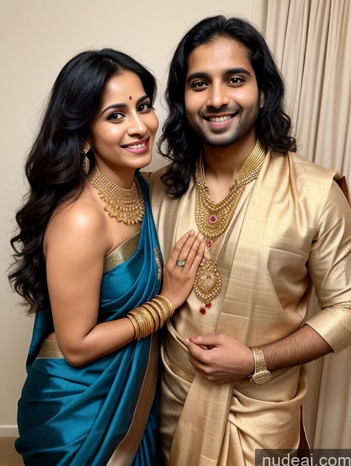 related ai porn images free for Woman + Man Two Beautiful 30s Happy Black Hair Long Hair Indian Sari Gold Jewelry Detailed