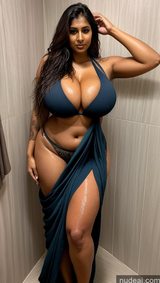 ai nude image of araffe woman in a blue dress standing in a shower pics of Milf Busty Huge Boobs Tattoos Beautiful Big Ass Thick Big Hips Perfect Body Tall Dark Skin 50s Seductive Sexy Face Long Hair Indian Front View T-pose Detailed Shower Ginger Sari