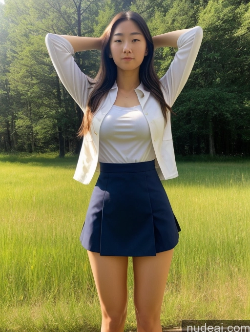 ai nude image of arafed asian woman in a skirt and white shirt posing for a picture pics of Athlete One Busty Small Tits Beautiful Big Ass Skinny Abs Big Hips Long Legs Short Tall Perfect Body Pubic Hair 18 Serious Straight Japanese Meadow Front View T-pose Teacher