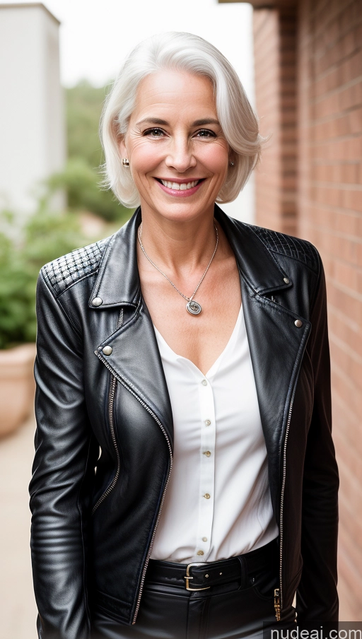 ai nude image of smiling woman in black leather jacket and white shirt standing in front of brick wall pics of Woman Skinny Happy Slicked White Hair Leather Detailed 50s