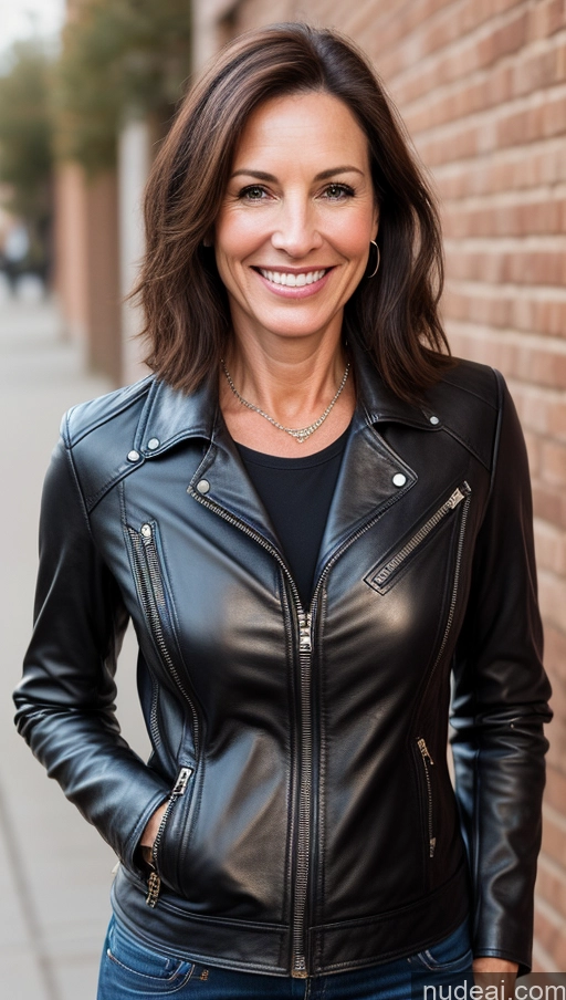 ai nude image of smiling woman in black leather jacket standing in front of a brick wall pics of Woman Skinny Happy Slicked Leather Detailed 50s Brunette