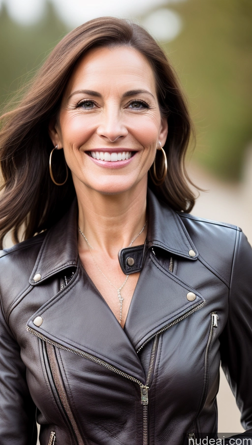 ai nude image of smiling woman in leather jacket with large hoop earrings and large gold hoop earrings pics of Woman Skinny Happy Slicked Leather Detailed 50s Brunette