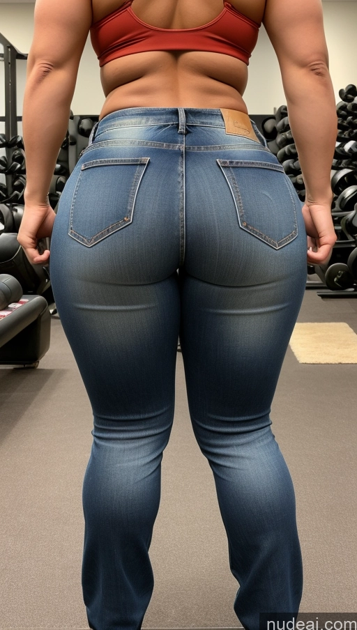 ai nude image of arafed woman in a red top and jeans standing in a gym pics of Athlete Big Ass Big Hips Blonde Jeans