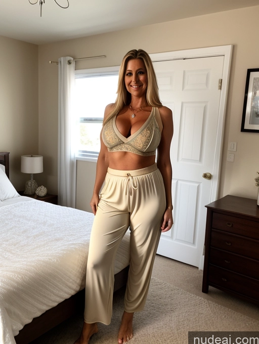 ai nude image of araffe woman in a white bra top and beige pants standing in front of a bed pics of Milf Busty Perfect Boobs Thick Long Legs Tanned Skin 40s Blonde Long Hair Bedroom Harem Pants Crop Top