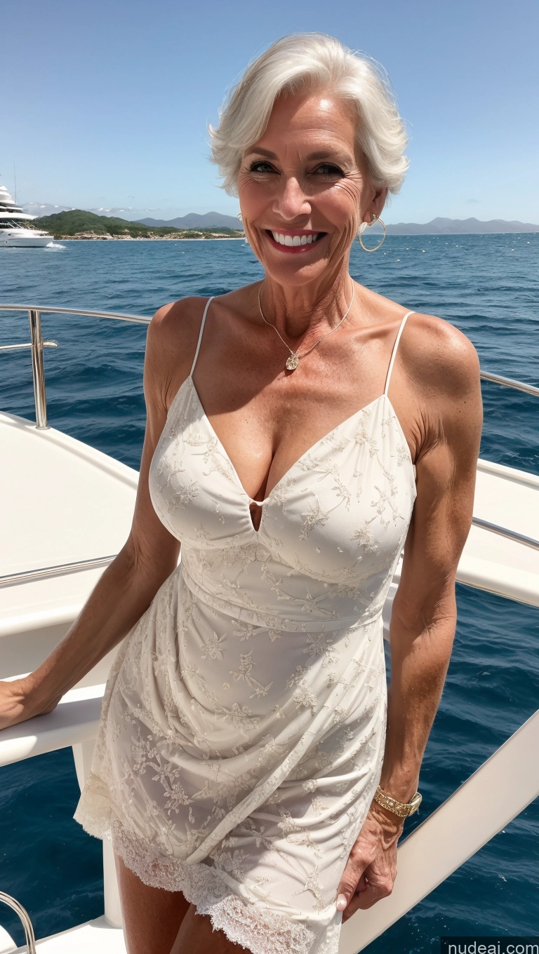 ai nude image of smiling woman in white dress on a boat in the ocean pics of Skinny Happy Detailed Sundress Yacht Perfect Body Milf White Hair Slicked