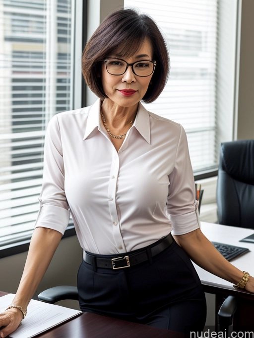 ai nude image of there is a woman in a white shirt and black pants sitting at a desk pics of Milf Perfect Boobs Beautiful Glasses Perfect Body Short Hair 60s Chinese Office Blouse Casual Professor Stylish Suit Cleavage Dark Lighting Detailed Sexy Face