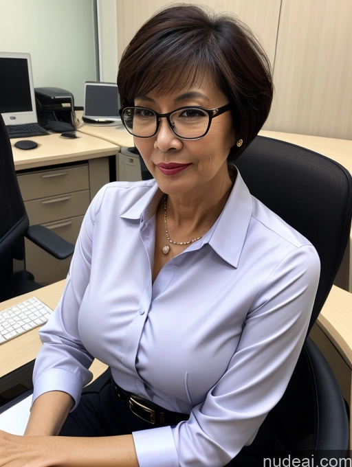 ai nude image of woman sitting at desk with computer and keyboard in office setting pics of Milf Perfect Boobs Beautiful Glasses Perfect Body Short Hair 60s Chinese Office Blouse Casual Professor Stylish Suit Cleavage Dark Lighting Detailed Sexy Face