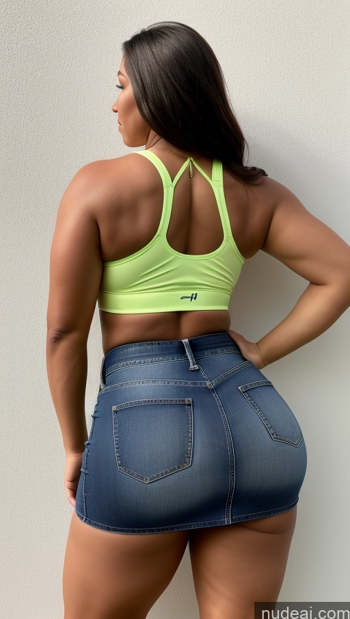 ai nude image of arafed woman in a yellow sports bra top and blue jeans pics of Athlete Big Ass Big Hips Jeans Mini Skirt