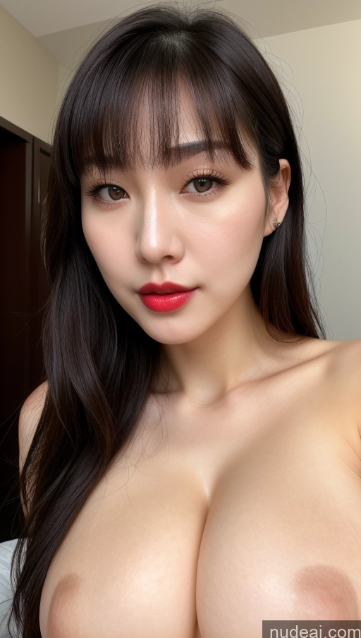 ai nude image of arafed asian woman with big breast posing for a picture pics of Woman One Huge Boobs Beautiful Lipstick Fairer Skin 20s Black Hair Close-up View Detailed Simple Korean Bangs