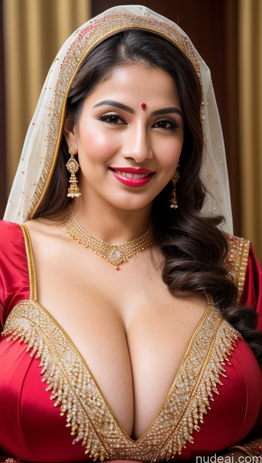 ai nude image of araffe woman in a red and gold dress with a veil pics of Woman Huge Boobs Beautiful Lipstick Fairer Skin Busty 50s Happy Sexy Face Seductive Black Hair Skin Detail (beta) Cleavage Gold Jewelry Jewelry Bright Lighting Simple Wedding Traditional Indian