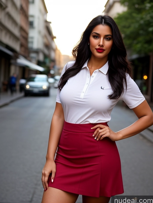 ai nude image of arafed woman in a red skirt posing for a picture pics of Woman One Perfect Boobs Beautiful Lipstick Big Ass Chubby Long Legs Perfect Body 30s Seductive Black Hair Long Hair Indian Street Front View Long Skirt Polo Shirt Stylish Dark Lighting Simple