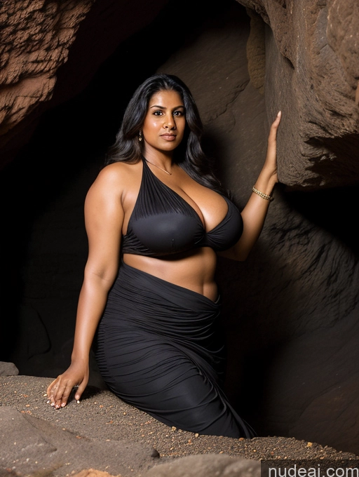 ai nude image of araffe woman in a black dress posing in a cave pics of Milf Busty Huge Boobs Beautiful Thick Big Hips Tall Dark Skin 50s Sexy Face Seductive Black Hair Long Hair Indian Cave Front View T-pose Sari Cleavage Detailed