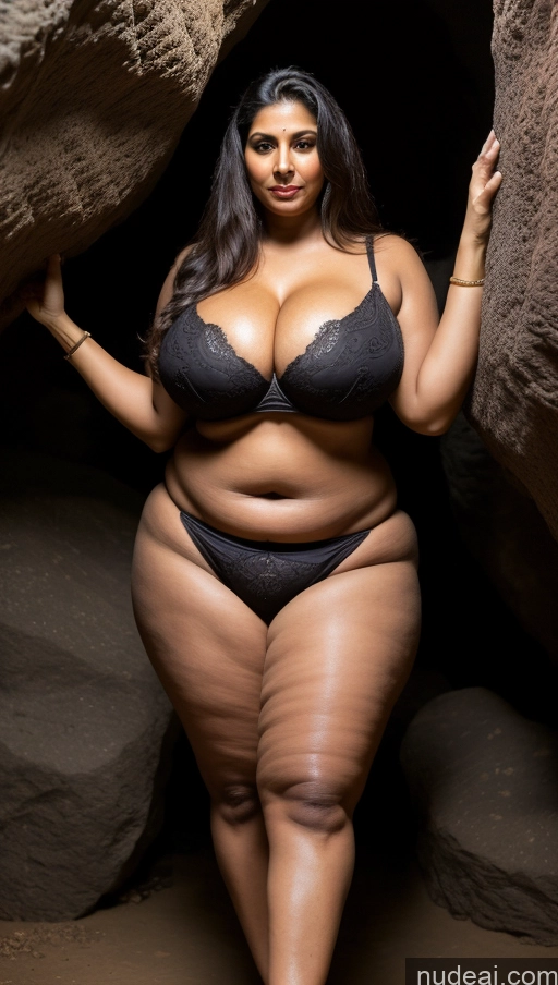 ai nude image of araffe woman in a black bikini posing in front of a rock pics of Milf Busty Huge Boobs Beautiful Thick Big Hips Tall Dark Skin 50s Sexy Face Seductive Long Hair Indian Cave Front View T-pose Sari Cleavage Detailed Big Ass Brunette