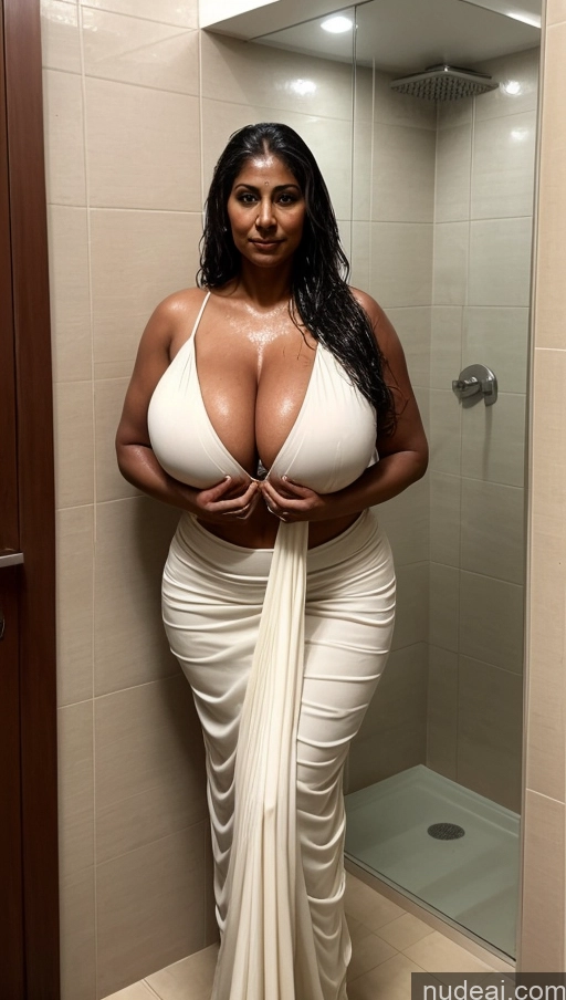 ai nude image of araffe woman in a white dress posing in a bathroom pics of Milf Busty Huge Boobs Beautiful Big Hips Tall Dark Skin 50s Sexy Face Seductive Long Hair Indian Front View T-pose Sari Cleavage Detailed Big Ass White Hair Shower Perfect Body