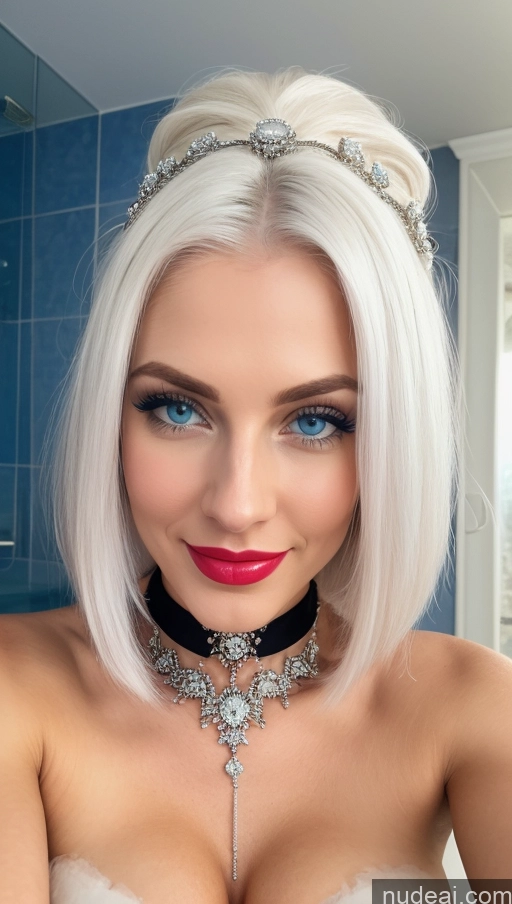 ai nude image of blond woman with a choke and a choker in a bathroom pics of Busty Perfect Boobs Beautiful Lipstick Muscular Skinny Perfect Body Bathroom Choker Victorian Wedding Diamond Jewelry Bright Lighting Detailed Deep Blue Eyes Front Facing Full Body 20s 3d Fairer Skin Cyborg Happy Nilotic White Hair