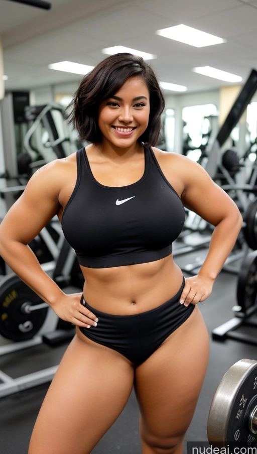 ai nude image of arafed woman in a black sports bra top posing for a picture pics of Woman One Busty Beautiful Big Ass Thick Tanned Skin 18 Happy Black Hair Gym Crop Top Spandex Short Hair Chubby Abs Fat Muscular Thong Pubic Hair