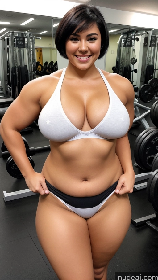 ai nude image of arafed woman in a white bikini posing in a gym pics of Woman One Busty Beautiful Big Ass Thick 18 Happy Black Hair Gym Crop Top Short Hair Chubby Abs Fat Muscular Thong Pubic Hair Nude