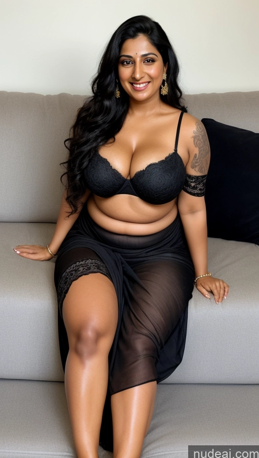 ai nude image of arafed woman in a black dress sitting on a couch pics of Milf Busty Beautiful Big Hips Tall Sexy Face Long Hair Indian Front View T-pose Sari Cleavage Detailed Big Ass Tattoos Happy Thick Black Hair Dark Skin Perfect Boobs 30s Fat Couch