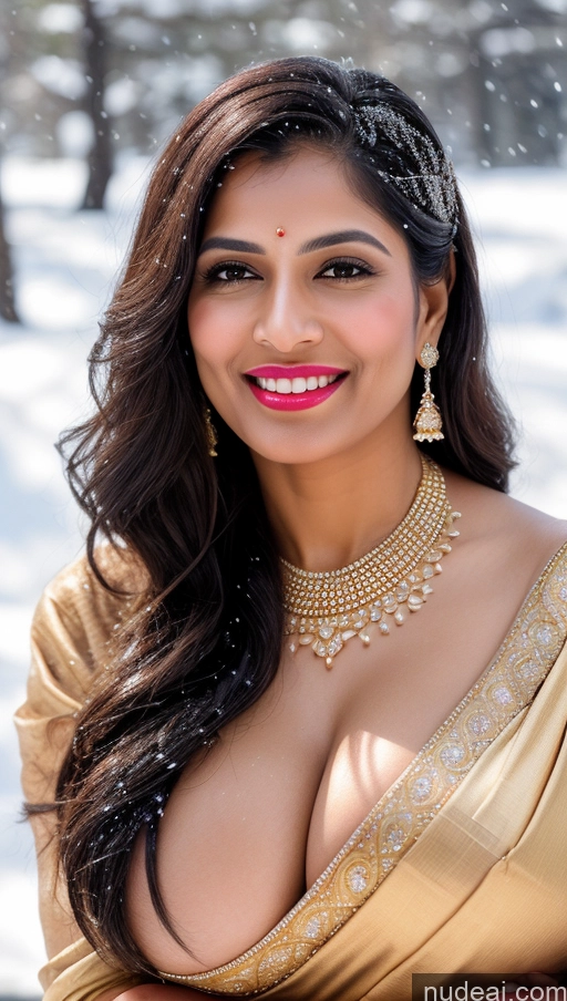 ai nude image of a close up of a woman in a sari posing for a picture pics of Woman Huge Boobs Beautiful Lipstick Busty Big Ass Fairer Skin 50s Happy Sexy Face Seductive Black Hair Indian Skin Detail (beta) Snow Close-up View Sari Wedding Jewelry Gold Jewelry Bright Lighting