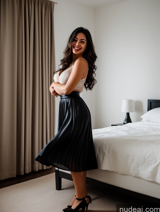 ai nude image of arafed woman in a black skirt standing in front of a bed pics of Woman One Perfect Boobs Busty Beautiful Lipstick Big Ass Perfect Body Long Legs 30s Happy Black Hair Long Hair Indian Dark Fantasy Bedroom Front View Long Skirt Stylish Dark Lighting Simple Sexy Face Dress