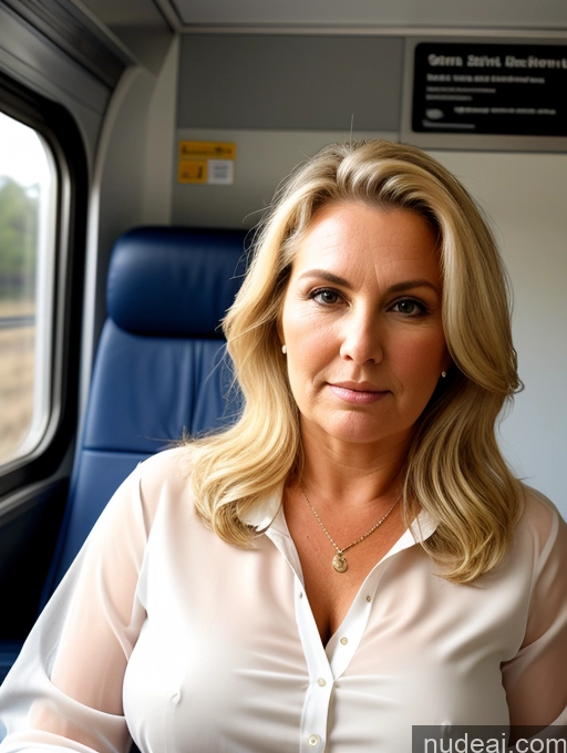 ai nude image of blond woman in white shirt sitting on a train looking out the window pics of Milf Chubby Serious Blonde White Skin Detail (beta) Train Detailed Blouse Transparent